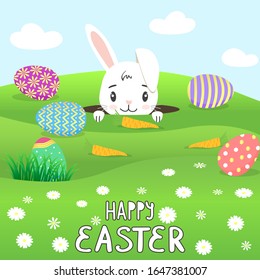 Le joli lapin dessiné à la main avec des oeufs, des carottes, de l'herbe, des fleurs. Le lapin sort de son trou. С illustration vectorielle Bunny de doodle colorée pour Pâques, carte de voeux, invitation
