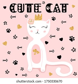 Hand drawn cute cartoon character white with pink cat with a crown and a flower on her head, stars, hearts, fish, paw. Сolorful doodle vector illustration  