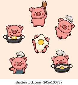 hand drawn cute cartoon character pig is cooking set vector illustration for elements, and clipart