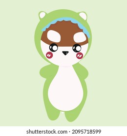 Hand drawn cute cartoon characters; small animal in green cloth vector isolated on light green background