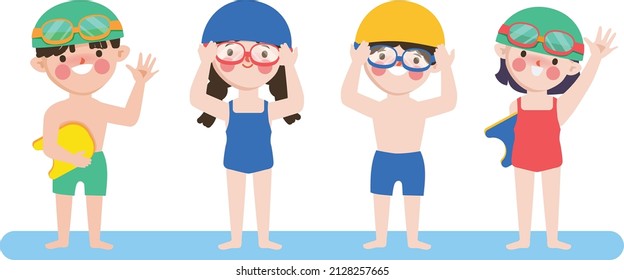 Hand drawn Cute cartoon children get ready for swimming.