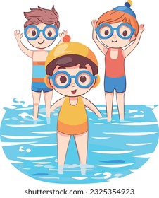 Hand drawn cute cartoon children get ready for swimming