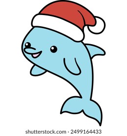 Hand drawn of cute cartoon christmas dolphin with Santa hat ,line doodle funny animal, vector illustration design for holiday themed decorations, card, digital and print