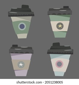 Hand drawn cute Cartoon coffee to go cups. Vector isolated elements of paper tumbler for hot drinks from cafe. Colourful collection hand holding cup for coffee break.