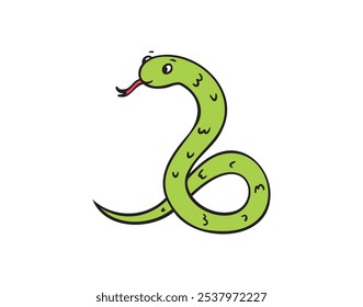 Dibujado a mano lindo color de dibujos animados verde contorno simple serpiente. Sonrisa de serpiente de doodle amable aislado en fondo blanco. Ilustración vectorial