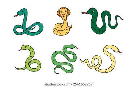 Dibujado a mano lindo color de dibujos animados verde, esquema simple conjunto de serpiente. Sonrisa de serpiente de doodle amable aislado en fondo blanco. Ilustración vectorial