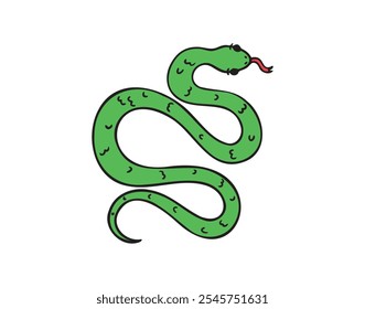 Dibujado a mano lindo color de dibujos animados verde contorno simple serpiente. Sonrisa de serpiente de doodle amable aislado en fondo blanco. Ilustración vectorial