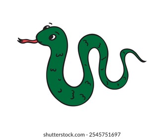 Dibujado a mano lindo color de dibujos animados verde contorno simple serpiente. Sonrisa de serpiente de doodle amable aislado en fondo blanco. Ilustración vectorial