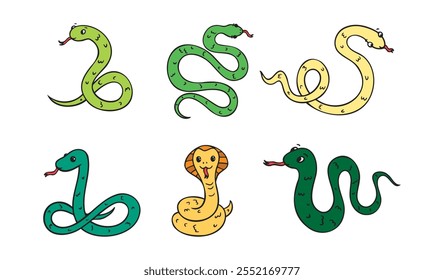 Dibujado a mano lindo color de dibujos animados verde, esquema simple conjunto de serpiente. Sonrisa de serpiente de doodle amable aislado en fondo blanco. Ilustración vectorial