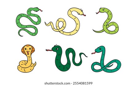 Hand drawn cute cartoon color green, outline simple snake set. Kind doodle snake smile isolated on white background. Vector illustration