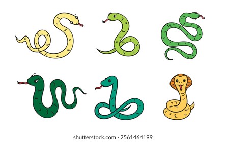 Hand drawn cute cartoon color green, outline simple snake set. Kind doodle snake smile isolated on white background. Vector illustration