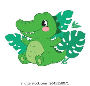 Hand Drawn Cute Cartoon Crocodile with Tropical Leaves Baby Jungle Animal Vector
