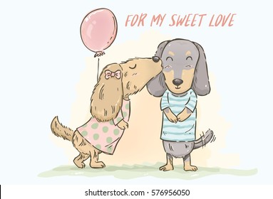Hand drawn cute cartoon Dachshund kissing her boyfriend in watercolor style, vector