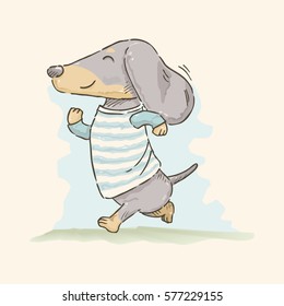 Hand drawn cute cartoon Dachshund jogging in watercolor style, vector