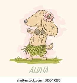 Hand drawn cute cartoon Dachshund in Hawaiian dancer costume in watercolor style, vector