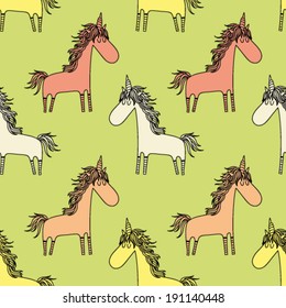 hand drawn cute cartoon dreaming unicorn seamless pattern