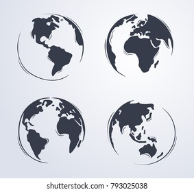 Hand drawn cute cartoon earth globe illustration from four different view