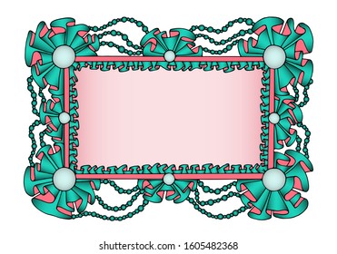 Hand drawn cute cartoon frame with textile frills, pearls and beads. Isolated colorful copy space template vector illustration