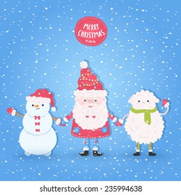 Hand drawn cute cartoon holiday Santa Claus, snowman and sheep. Merry Christmas vector background.