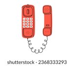 Hand drawn cute cartoon illustration of red wall wired phone. Flat vector old telephone, landline sticker in simple colored doodle style. Call device icon or print. Isolated on white background.