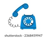 Hand drawn cute cartoon illustration of blue retro wired phone. Flat vector old telephone sticker in simple colored doodle style. Make a call. Pick up the phone icon or print. Isolated on white.