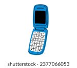Hand drawn cute cartoon illustration of retro cell flip mobile phone. Flat vector old mobile telephone with buttons sticker in colored doodle style. Call device icon or print. Isolated on background.