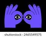 Hand drawn cute cartoon illustration binoculars hand gesture with eyes. Flat vector searching or watching arm sign sticker doodle style. Discover or explore icon. Searching for opportunity. Isolated.