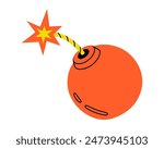 Hand drawn cute cartoon illustration of bomb with a burning wick. Danger explosive weapon. Flat vector stress or problem in doodle style. Planning or time management icon. Event deadline. Isolated.