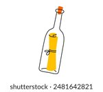 Hand drawn cute cartoon illustration of letter in bottle. Flat vector secret message in doodle style with outline. Help or sos note icon or print. Hope for salvation. Sea communication. Isolated.