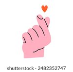 Hand drawn cute cartoon illustration of hand with heart sign. Flat vector love finger gesture in doodle style. Support and kindness icon. Love romantic couple print. Romantic feelings. Isolated.