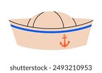 Hand drawn cute cartoon illustration sailor hat with anchor. Flat vector marine uniform cap doodle style. Head wear for ship or boat seaman icon or print. Vacation or holiday summer costume. Isolated.