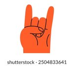 Hand drawn cute cartoon illustration of devil horns hand gesture. Flat vector heavy metal human arm sign sticker in doodle style. Rock on festival icon. Music concert communication. Isolated.