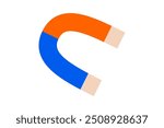 Hand drawn cute cartoon illustration of magnet. Flat vector attraction force symbol in doodle style. Magnetic power icon or print. Tool with two poles. Physics education. Back to school. Isolated.