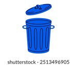 Hand drawn cute cartoon illustration of big garbage can with open lid. Flat vector trash bin, environmental pollution design in colored doodle style. Ecology sticker, icon. Rubbish disposal. Isolated.