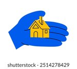 Hand drawn cute cartoon illustration of hand with residential house. Flat vector real estate sticker doodle style. Mortgage or home loan sticker, icon. Housing for rent. Buy or sell building. Isolated