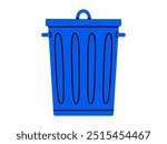 Hand drawn cute cartoon illustration of big garbage can with lid. Flat vector trash bin, environmental pollution design in colored doodle style. Ecology sticker, icon. Rubbish disposal. Isolated.