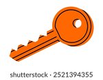 Hand drawn cute cartoon illustration of key. Flat vector real estate sticker doodle. Protection or access icon. Mortgage loan. Housing for rent. Buy or sell building. Verification procedure. Isolated.