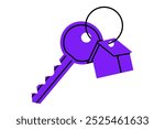 Hand drawn cute cartoon illustration key with house keychain. Flat vector real estate sticker doodle style. Buy or sell building icon or print. Mortgage loan. Housing for rent. Isolated.