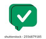 Hand drawn cute cartoon illustration of speech bubble with check mark. Flat vector positive answer in doodle style. Correct choice. Social media icon. Accept or confirm. Verification tick. Isolated.