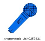 Hand drawn cute cartoon illustration of microphone. Flat vector sound recording  sticker doodle. Speech audio device icon or print. Podcast or interview studio equipment. Isolated.