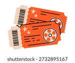 Hand drawn cute cartoon illustration of two cinema tickets. Flat vector movie theater or festival pass doodle. Entertainment industry sticker, icon. Date for couple. Leisure party pass. Isolated.