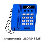 Hand drawn cute cartoon illustration retro landline phone with buttons. Flat vector wired stationary telephone with dial pad sticker doodle. Call device icon or print. Contact us or support. Isolated
