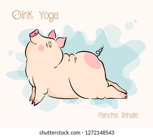 Hand drawn cute cartoon illustration of a piggy doing yoga Pancha Inhale