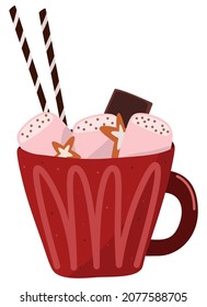 Hand drawn cute cartoon illustration of red cup of coffee or cocoa with marshmallow, cookie and tubes.
 Flat vector nursery print in doodle style. Isolated on white background.
