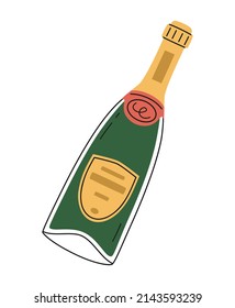 Hand drawn cute cartoon illustration champagne or sparkling wine bottle. Flat vector alcohol drink sticker in simple colored doodle style. Holiday celebration party icon or print. Isolated.