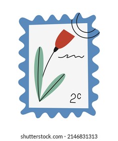 Hand drawn cute cartoon illustration postage stamp with flower. Flat vector mail sticker in simple colored doodle style. Post, correspondence, icon or print. Isolated on white background.