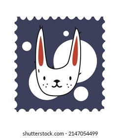 Hand drawn cute cartoon illustration postage stamp with rabbit. Flat vector mail sticker in simple colored doodle style. Post, correspondence, icon or print. Isolated on white background.