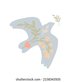 Hand drawn cute cartoon illustration of dove with olive branch. Peace simbol. Flat vector peace, love, no war concept in color. Blue Bird of freedom poster, postcard, or print design.