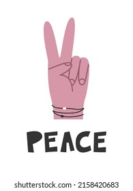 Hand drawn cute cartoon illustration of hand with peace sign. Peace lettering. Flat vector love, no war concept in colored doodle style. Freedom or victory gesture poster, postcard, or print design.