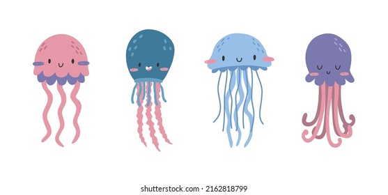 Hand drawn cute cartoon illustration of different jellyfish set. Flat vector undersea, ocean ​​animal in colored doodle style. Poster, postcard or print design for kids. Isolated on white background.